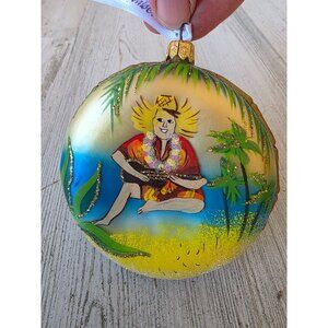 Hawaiian bird of paradise guitar coin glass ornament remember gold glitter Xmas